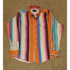 Vintage Wrangler 90s Brushpopper Shirt 18x35 Western Rodeo Cowboy Canvas Bright